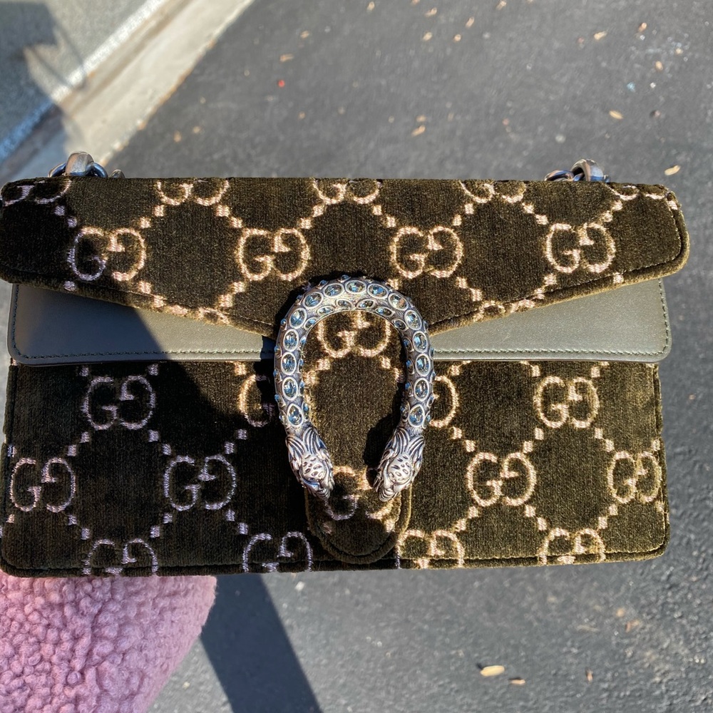 Gucci Dionysus GG Velvet Small Shoulder Bag Olive